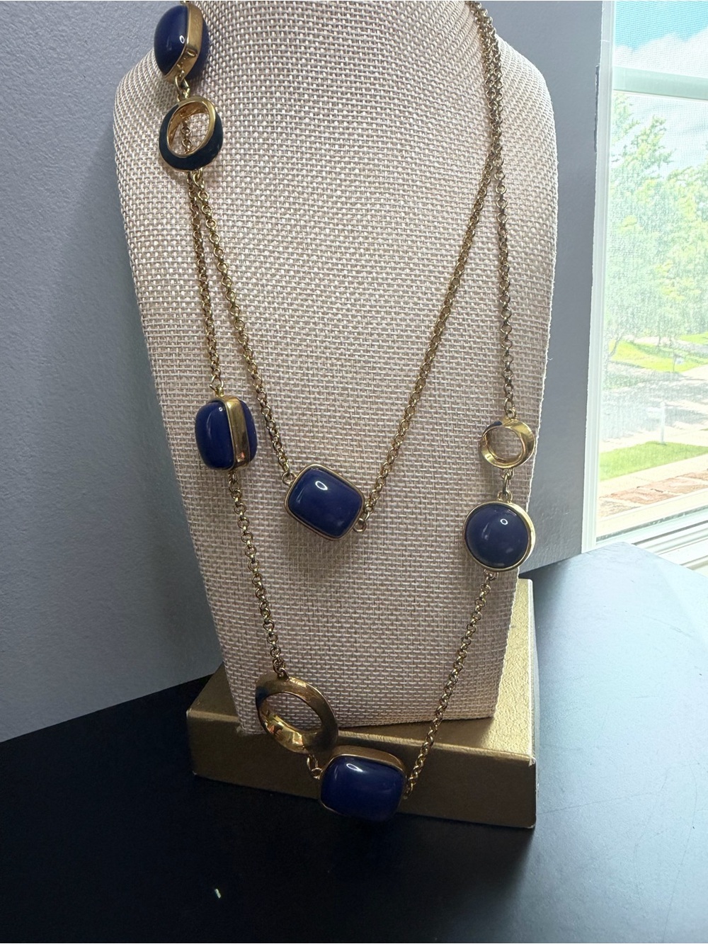 Gold Chain Necklace with Navy Blue Stone Accents - Women Jewelry